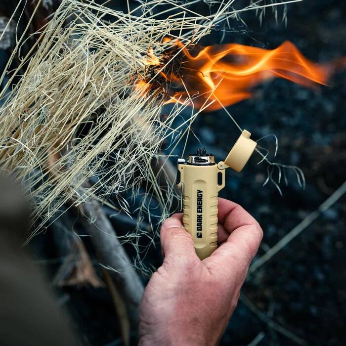 Angle. Dark Energy - Rechargeable Dual-Arc Plasma Lighter Fire Starter with Mini Flashlight and Strobe for Camping, Outdoor and Emergency - Desert Tan.