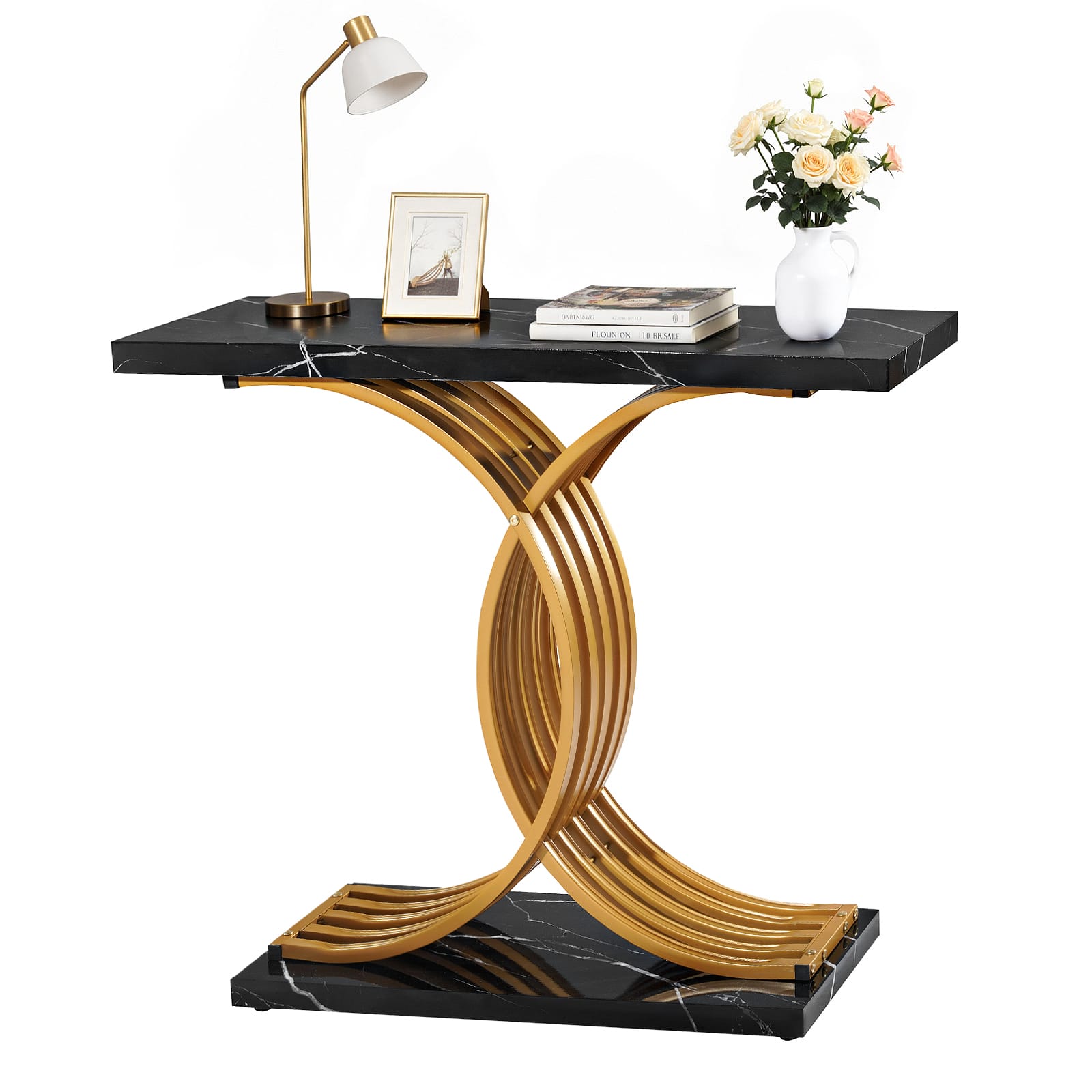 VEVOR - 39in Gold Console Table, Modern Desk Behind the Couch, Wood Rectangle Entrance Desk, Narrow Long Sofa Table Accent Stand - Black + Gold