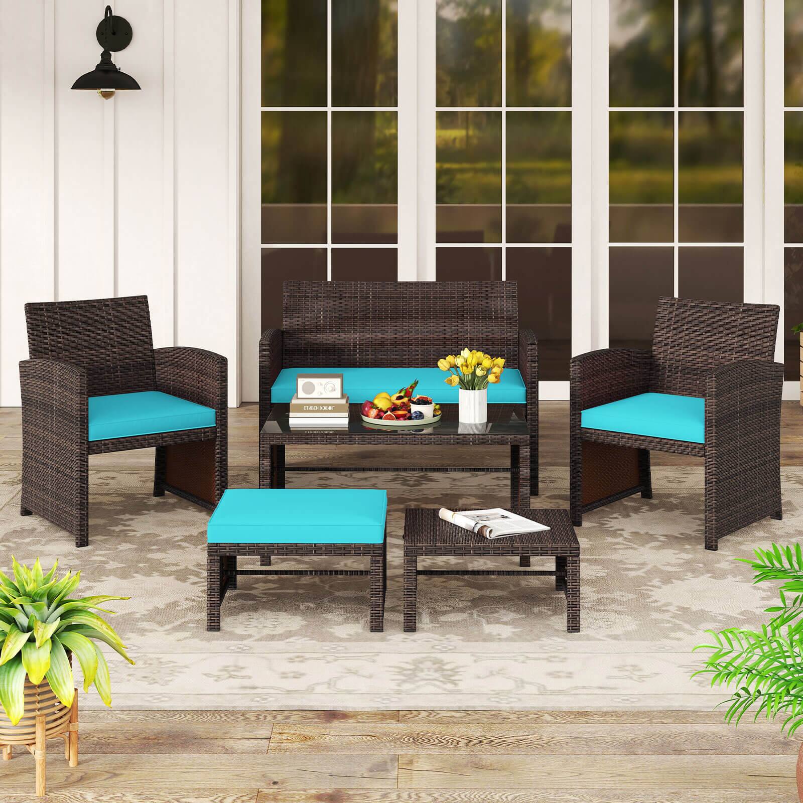 Alt View 3. Gymax - Gymax 6 PCS Patio Furniture Set w/ 1 Loveseat 1 Coffee Table 2 Armchairs 2 Ottomans Turquoise - Mix Brown, Turquoise.