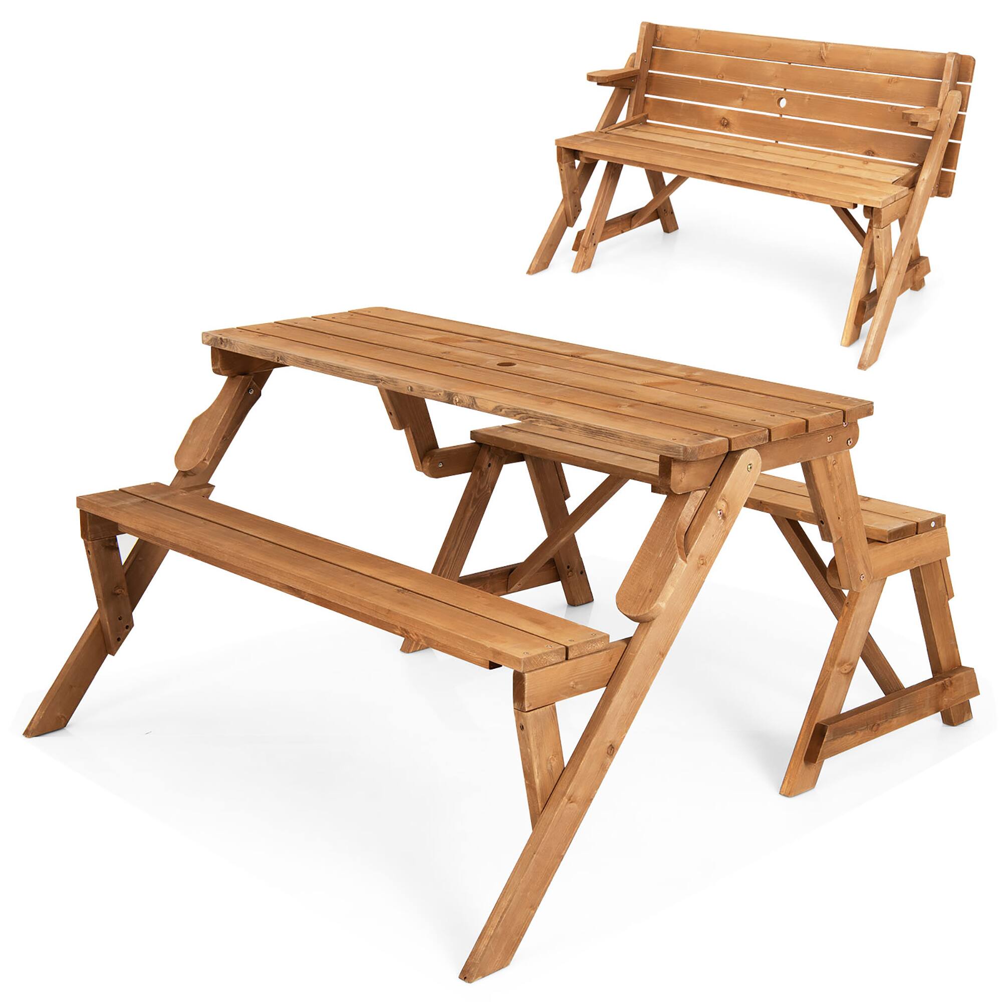 Costway - 2-in-1 Transforming Interchangeable Wooden Picnic Table Bench w/Umbrella Hole - Dark Golden Brown
