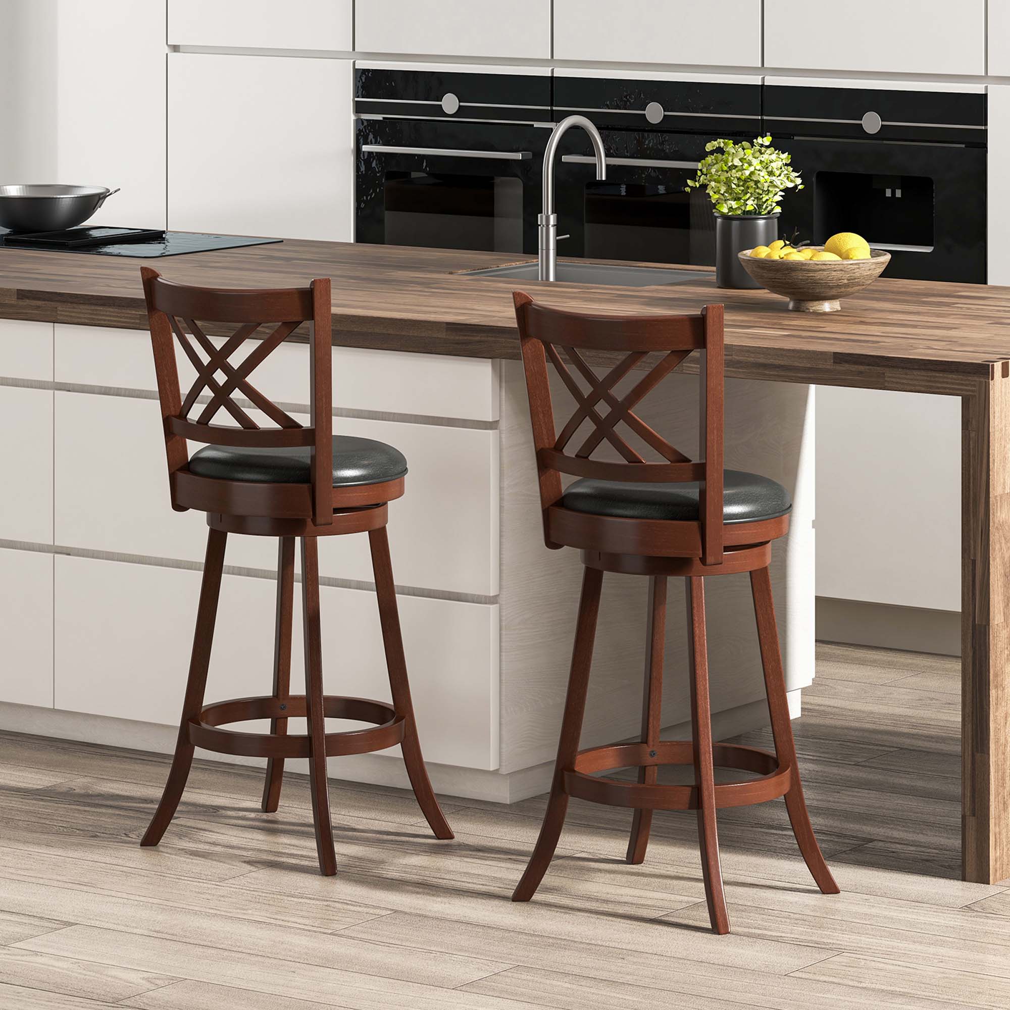Alt View 1. Costway - 29" Swivel Bar Stools Set of 2 Upholstered Counter Stools with Cushion & Footrests - Black/Brown.