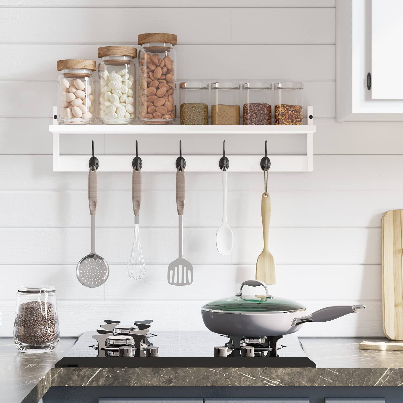 Back. HM 1810 - Wall-mounted Wood Shelf With 5 Dual Hooks For Bathroom Living Room Bedroom -with - White-35IN with shelf.