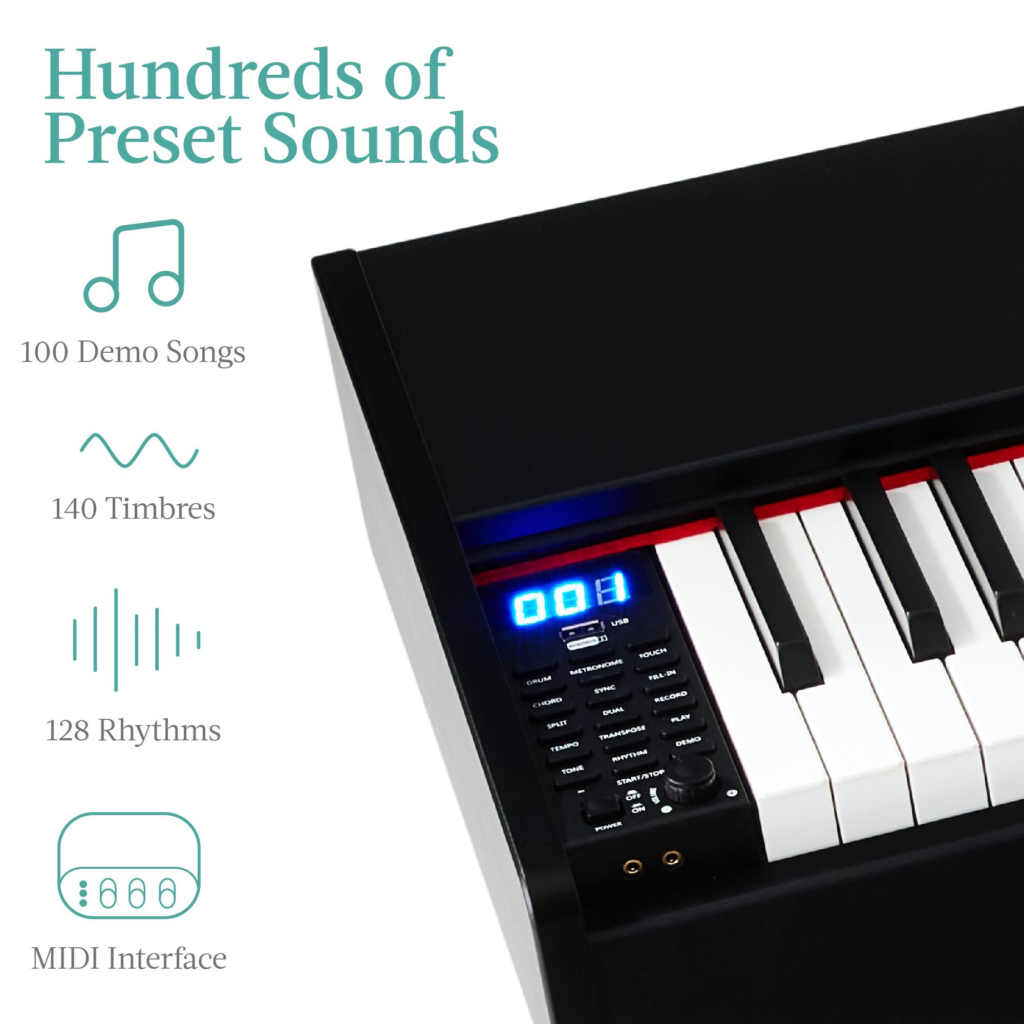 Hundreds of Preset Sounds

100 Demo Songs

140 Timbres

128 Rhythms

MIDI Interface