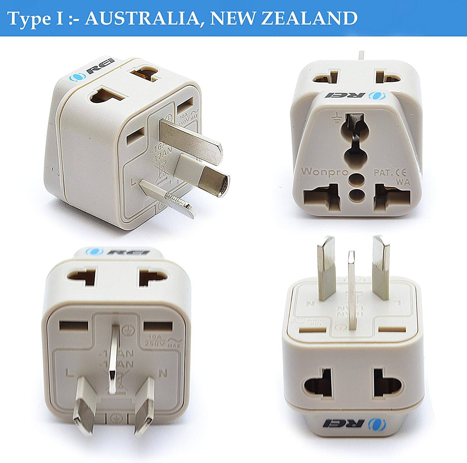 Type I: AUSTRALIA, NEW ZEALAND

- REI
- Wonpro
- PAT. CE WA
- 10A 250V MAX