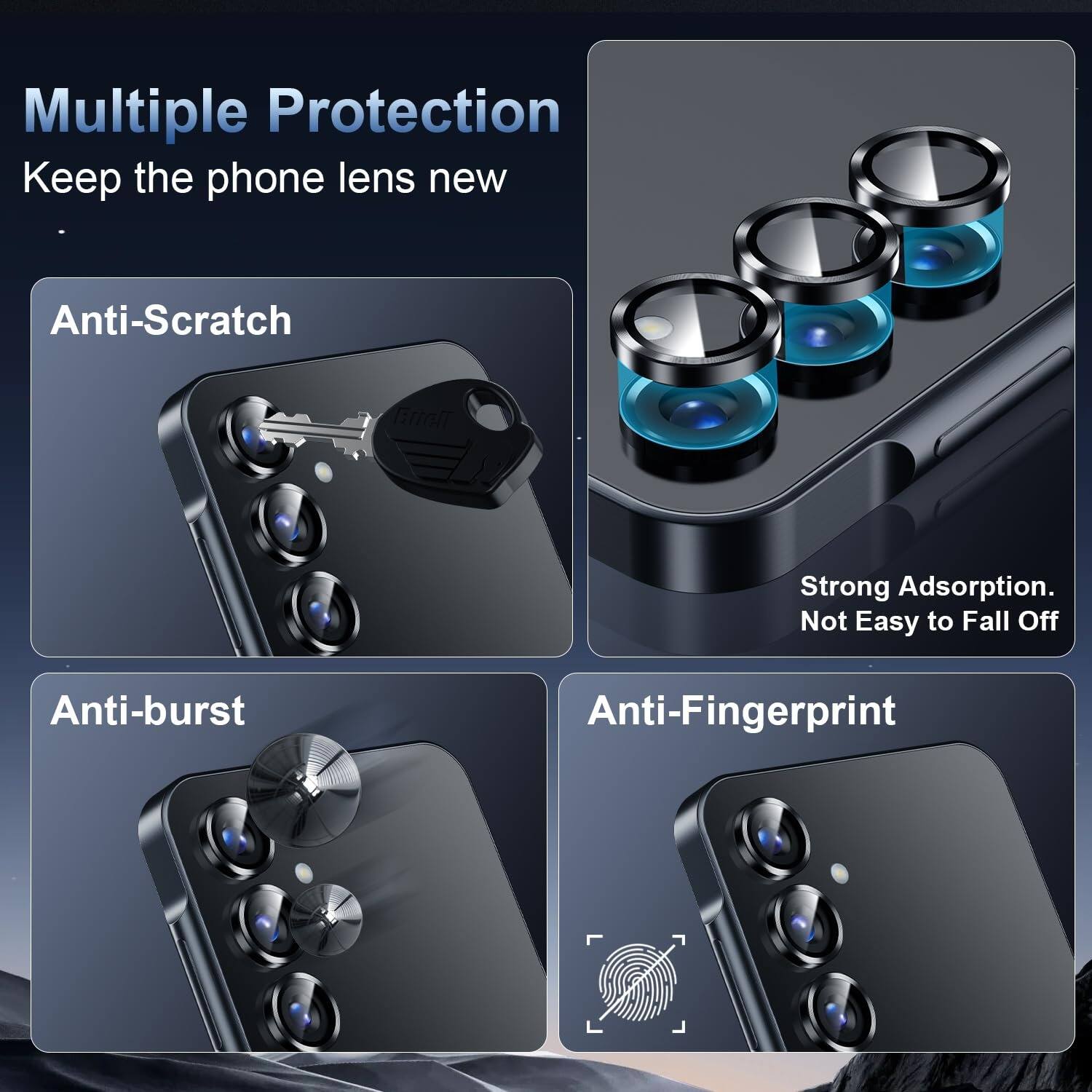 Multiple Protection  
Keep the phone lens new  

Anti-Scratch  
Strong Adsorption. Not Easy to Fall Off  
Anti-burst  
Anti-Fingerprint