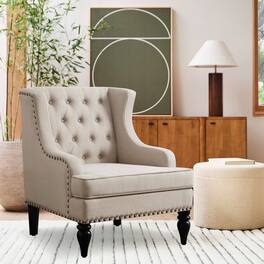 Boyel Living - Linen Button Tufted Accent Chair with Nailhead Trim and Solid Wood Legs - Beige
