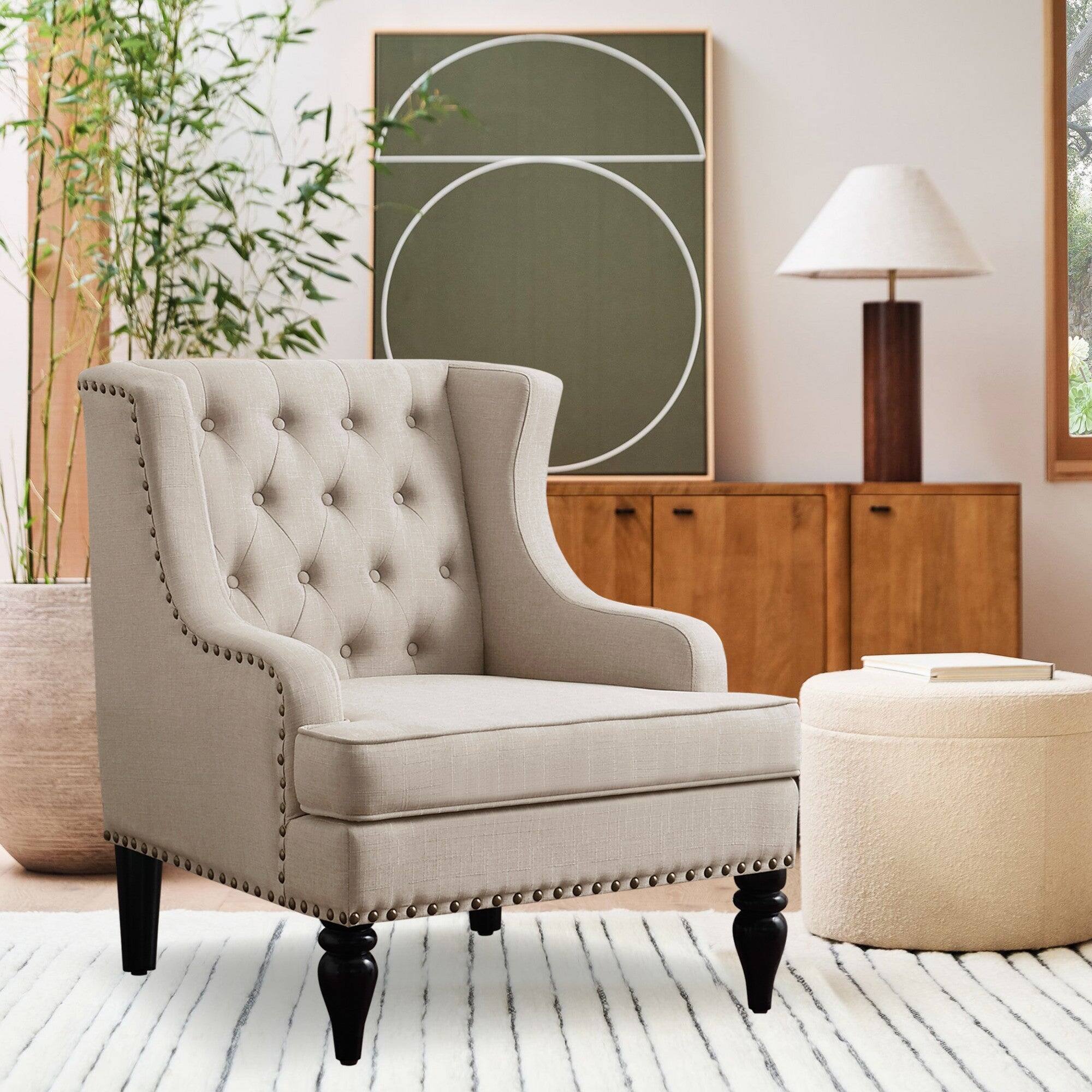 Boyel Living - Linen Button Tufted Accent Chair with Nailhead Trim and Solid Wood Legs - Beige