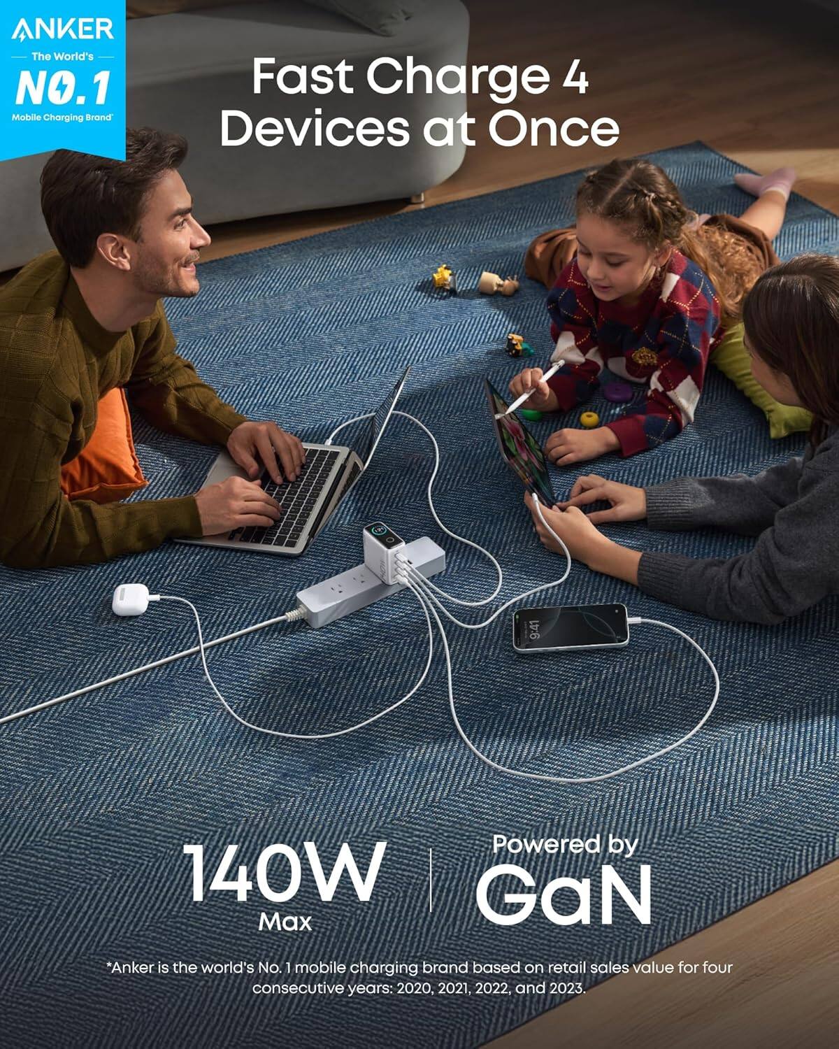 ANKER  
The World's NO.1 Mobile Charging Brand  

Fast Charge 4 Devices at Once  

9:41  
Powered by 140W GaN Max  

*Anker is the world's No. 1 mobile charging brand based on retail sales value for four consecutive years: 2020, 2021, 2022, and 2023.