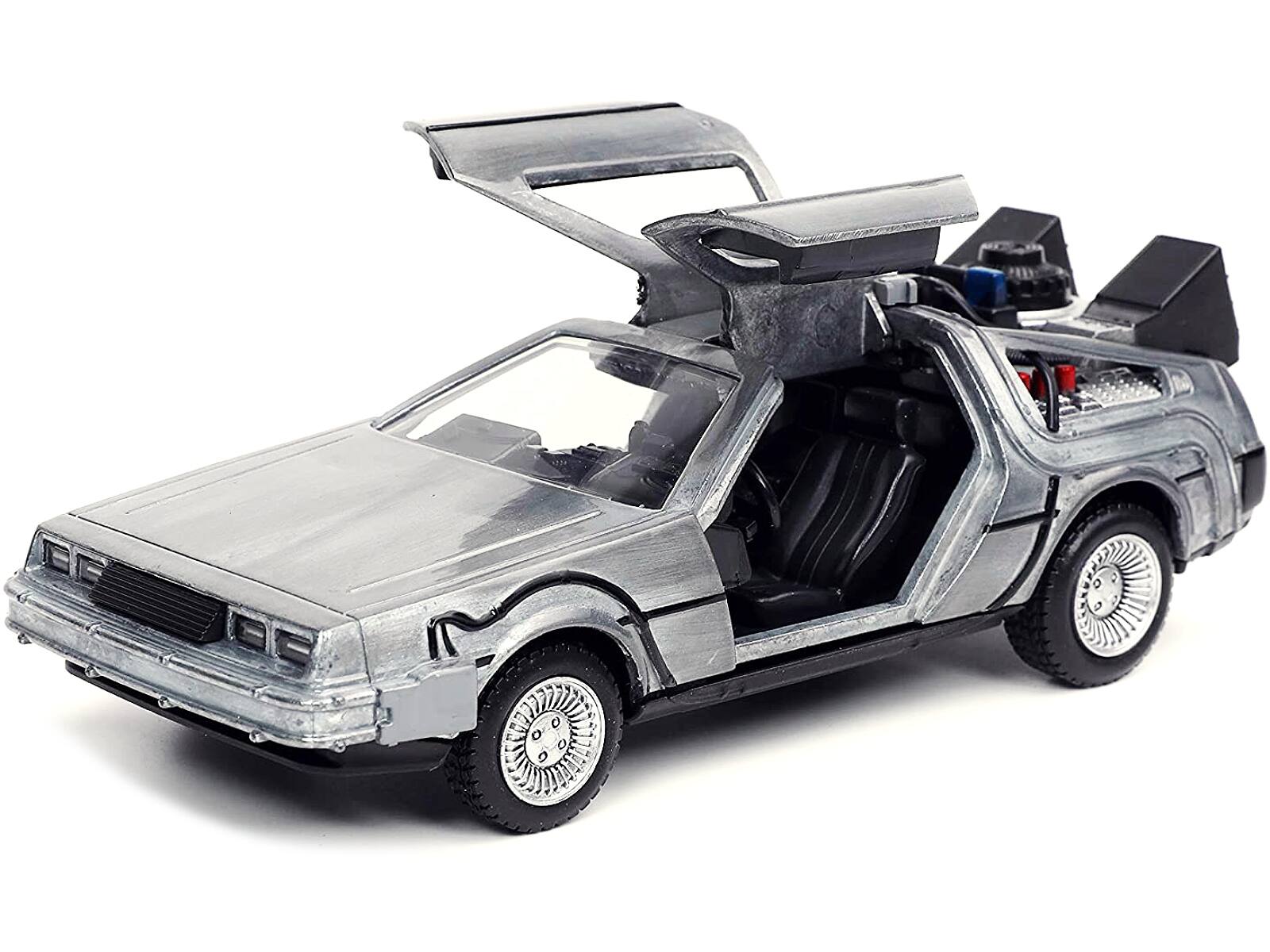 Angle. Jada - DeLorean DMC (Time Machine) Brushed Metal "Back to the Future Part I" (1985) Movie "Hollywood Rides" Series 1/32 - Gray.