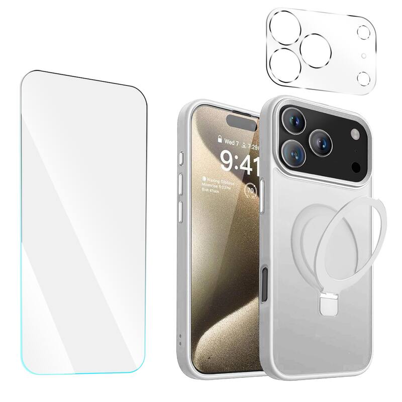 Entronix - iPhone 17 Pro Max Bundle - Translucent Matte Gripstand Case with Screen and Camera Protectors - White
