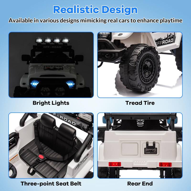 Realistic Design  
Available in various designs mimicking real cars to enhance playtime  

Bright Lights  
Tread Tire  
Three-point Seat Belt  
Rear End