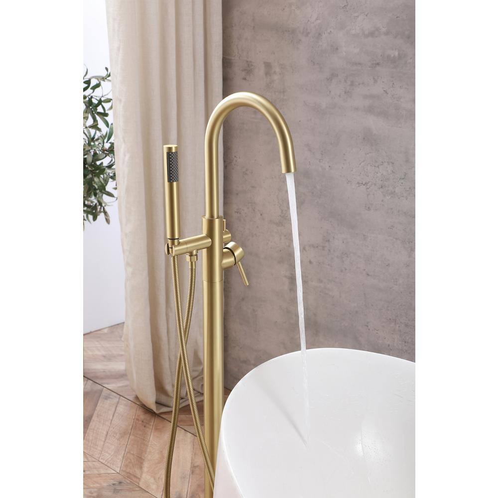 Alt View 8. Elegant Kitchen and Bath - Steven Floor Mounted Roman Tub Faucet with Handshower in Brushed Gold - Brushed Gold.