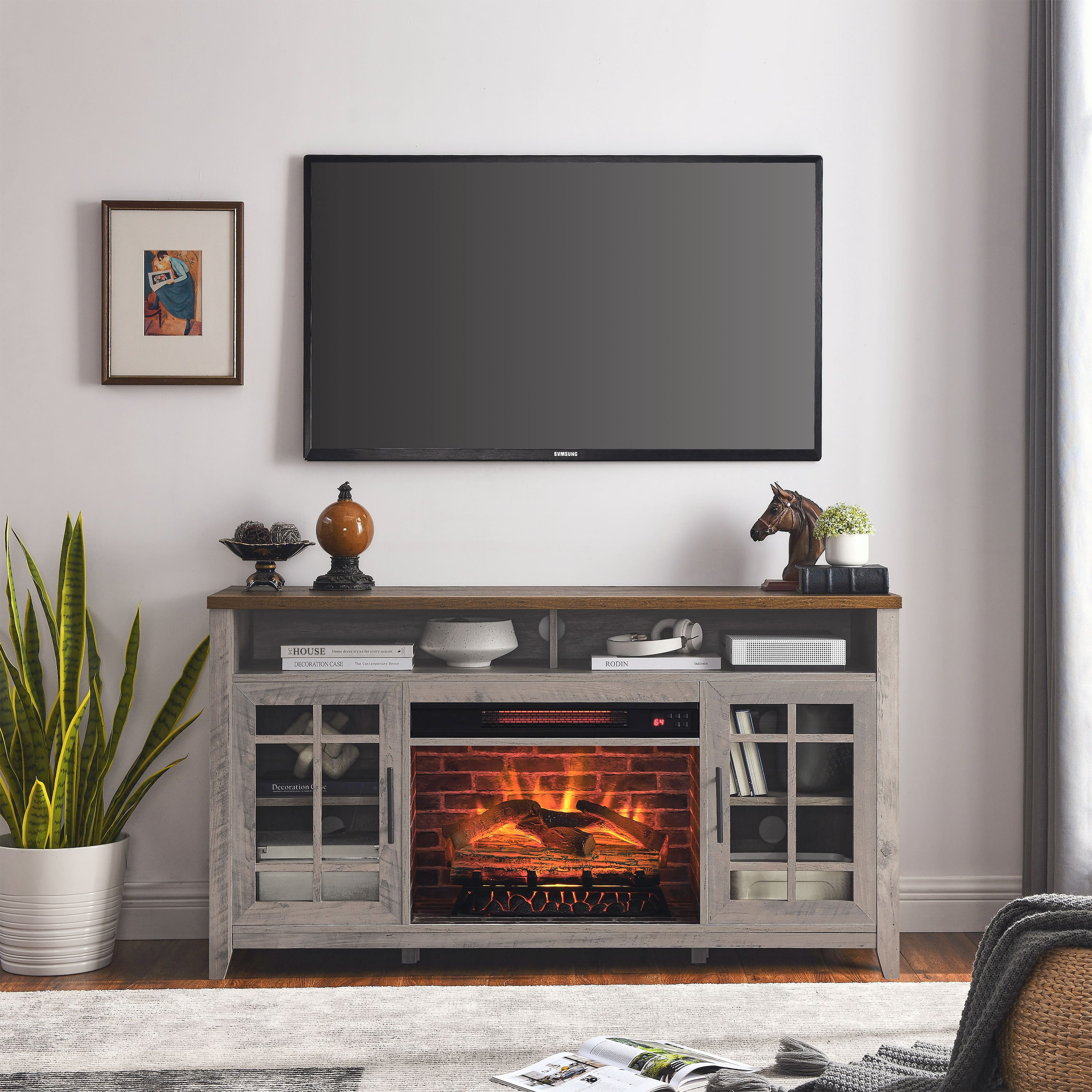 Tiramisubest - 55 inch TV Media Stand with Electric Fireplace KD Inserts Heater, Color - Gray Wash