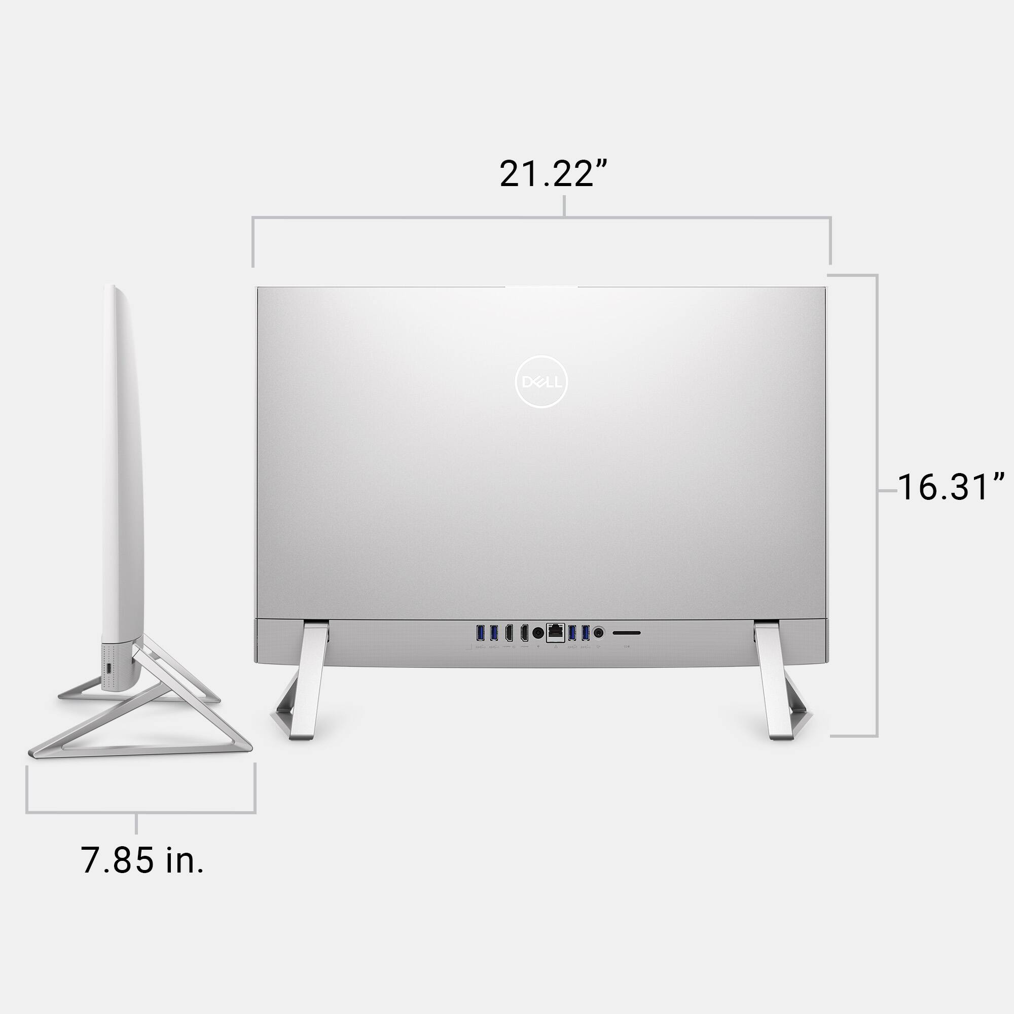 The image shows a Dell computer monitor and a stand next to it. The monitor is 21.22 inches in size and the stand is 7.85 inches tall.
