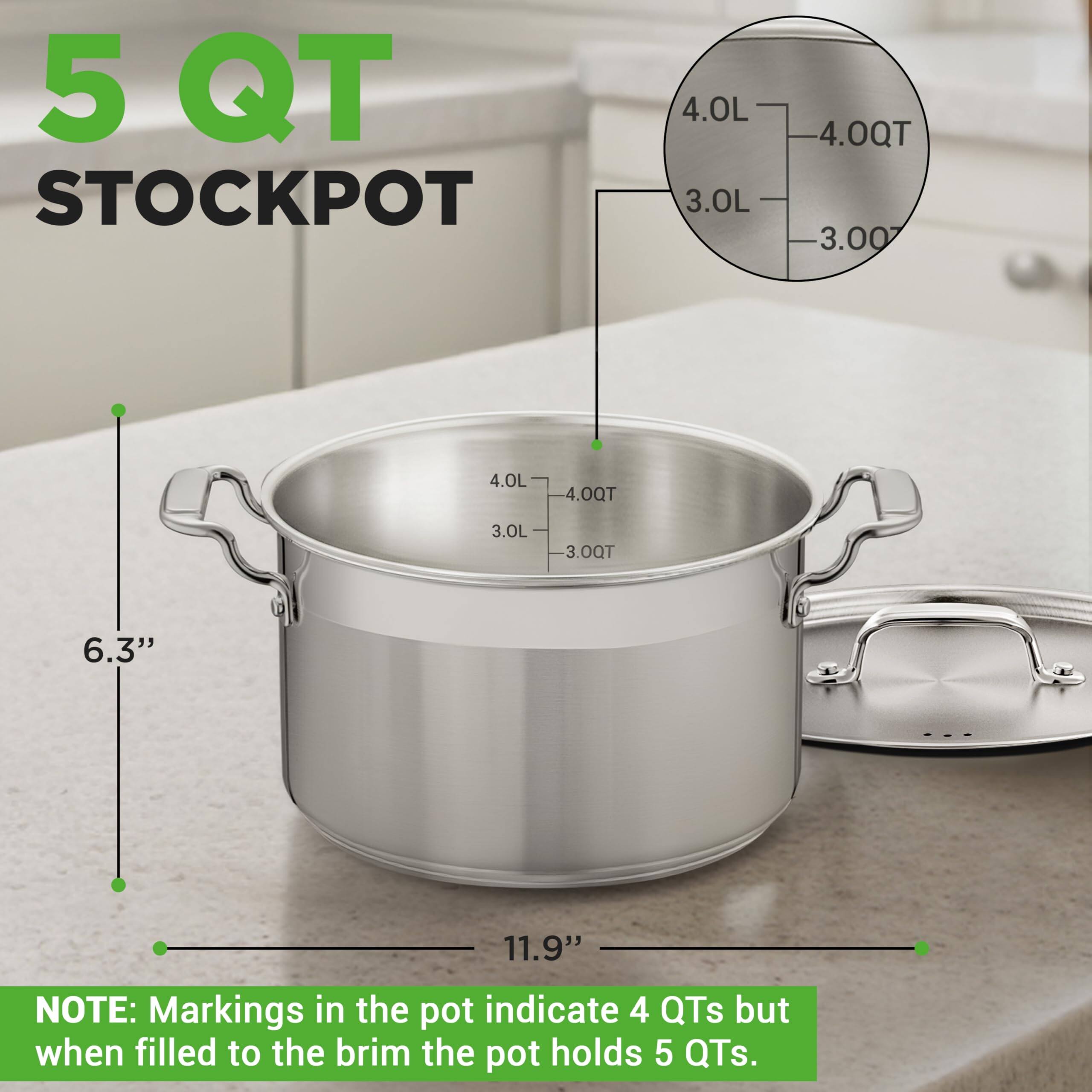 5 QT STOCKPOT

4.0L - 4.0QT
3.0L - 3.0QT

6.3"
11.9"

NOTE: Markings in the pot indicate 4 QTs but when filled to the brim the pot holds 5 QTs.