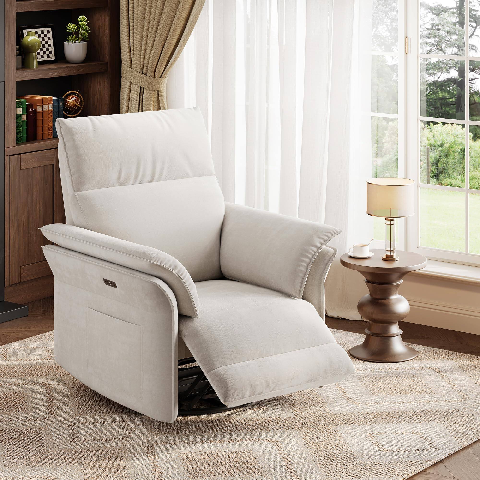 Front. Jojoka - Power Recliner Chair Swivel Nursery Rocker Reclining with Charging Port, Double Layered Armrests and Side Pocket - Beige.