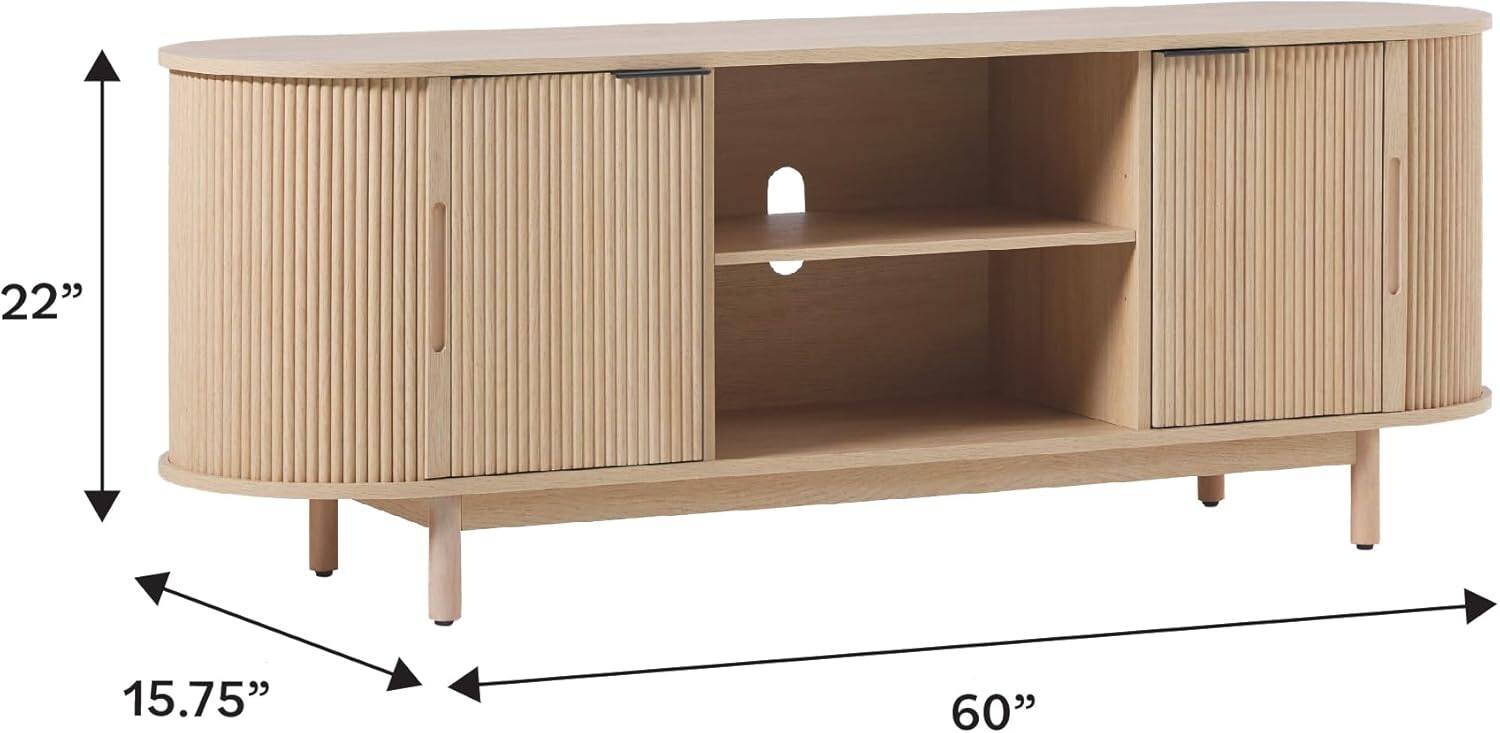 The text on the image reads "22" 15.75" 60". This indicates that the wooden TV stand is 22 inches wide, 15.75 inches deep, and 60 inches tall.