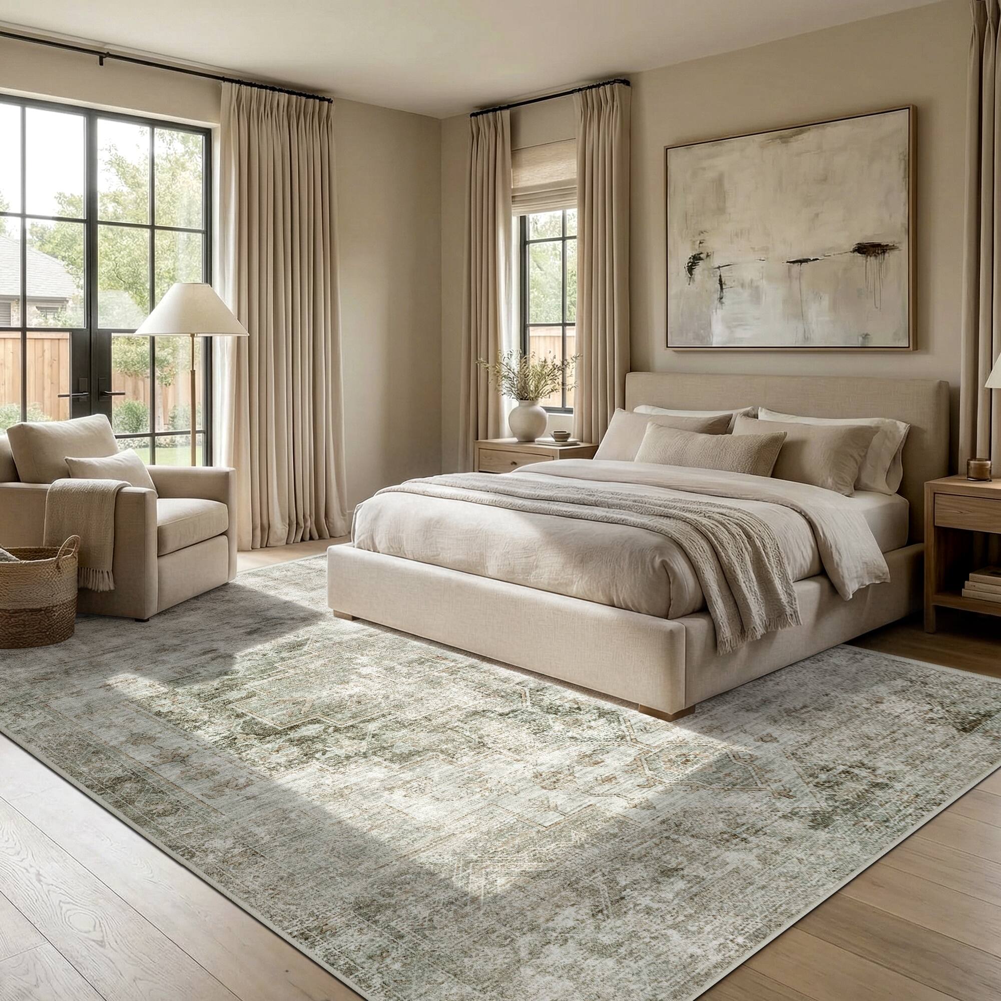 Alt View 3. KERDOM - 5x7 Vintage Boho Medallion Area Rug, Machine Washable, Non Slip Back Low Pile, Large Living Room Bedroom Dining Room Rug - Beige.