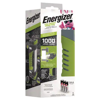 Energizer
PRO SERIES
WORK LIGHT
LAMPE DE TRAVAIL
1000 LUMENS
AREA OR DIRECTIONAL LIGHT
ECLAIRAGE DE ZONE OU DIRECTIONNEL
HYDRO POWER
HYDRO POWER
DUSTPROOF
ETANCHE À LA POUSSIERE
WATERPROOF
IMPERMÉABLE
IP67
3AA
1