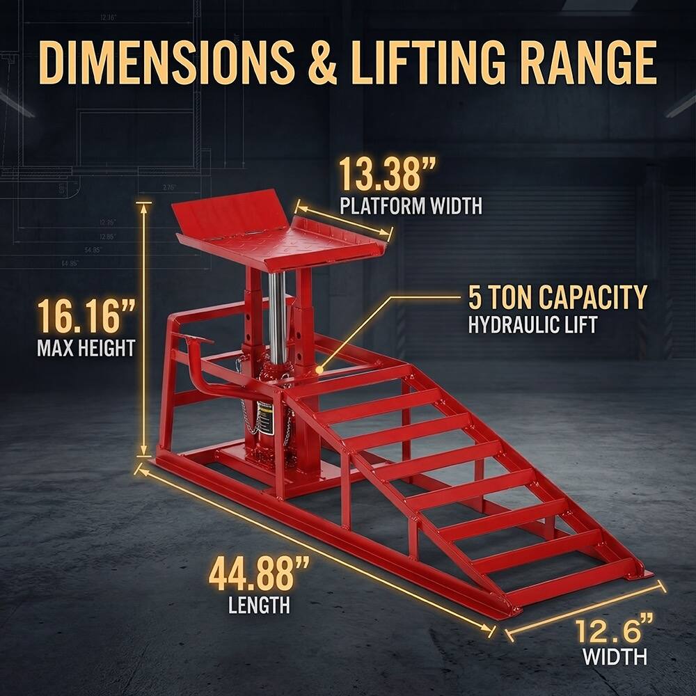 2.36 DIMENSIONS & LIFTING RANGE

12:25"
275'
13.38" PLATFORM WIDTH
12.85
54.85
$4.85
16.16" MAX HEIGHT
5 TON CAPACITY HYDRAULIC LIFT
44.88" LENGTH
12.6" WIDTH