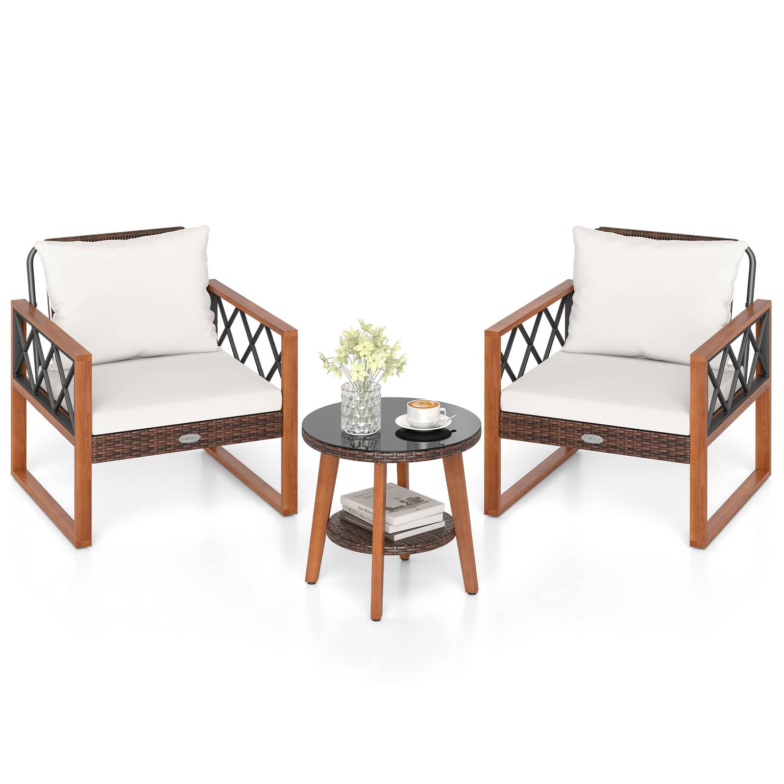 Gymax - 3 Pieces PE Wicker Patio Set w/Solid Acacia Wood Frame & Soft Cushions - White price history on PriceWatchPro