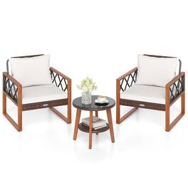 Gymax - 3 Pieces PE Wicker Patio Set w/Solid Acacia Wood Frame & Soft Cushions - White