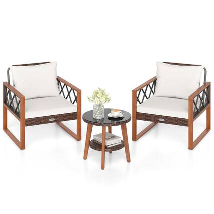 Front. Gymax - Gymax 3 Pieces PE Wicker Patio Set w/Solid Acacia Wood Frame & Soft Cushions - White.