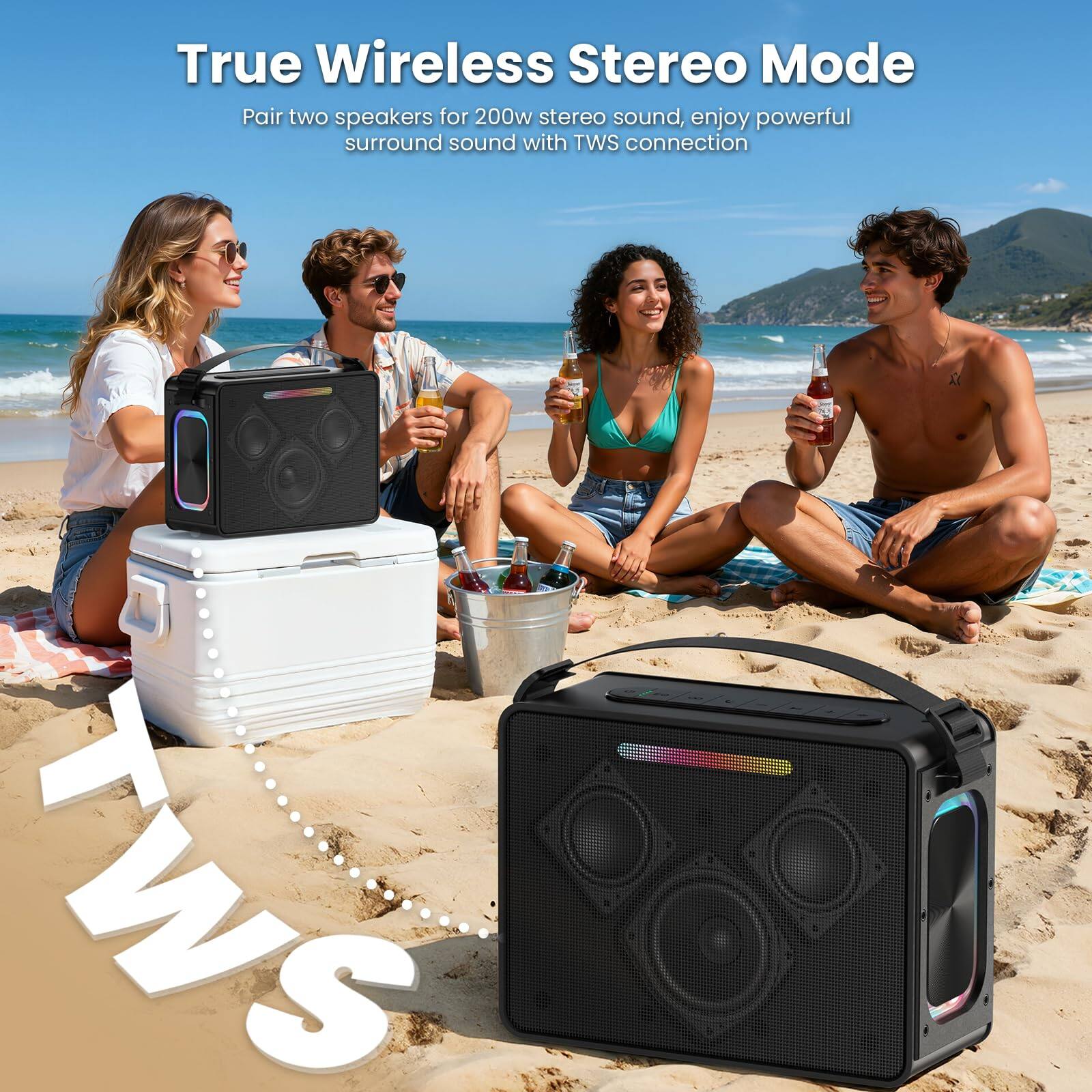 True Wireless Stereo Mode  
Pair two speakers for 200w stereo sound, enjoy powerful surround sound with TWS connection  

TWS