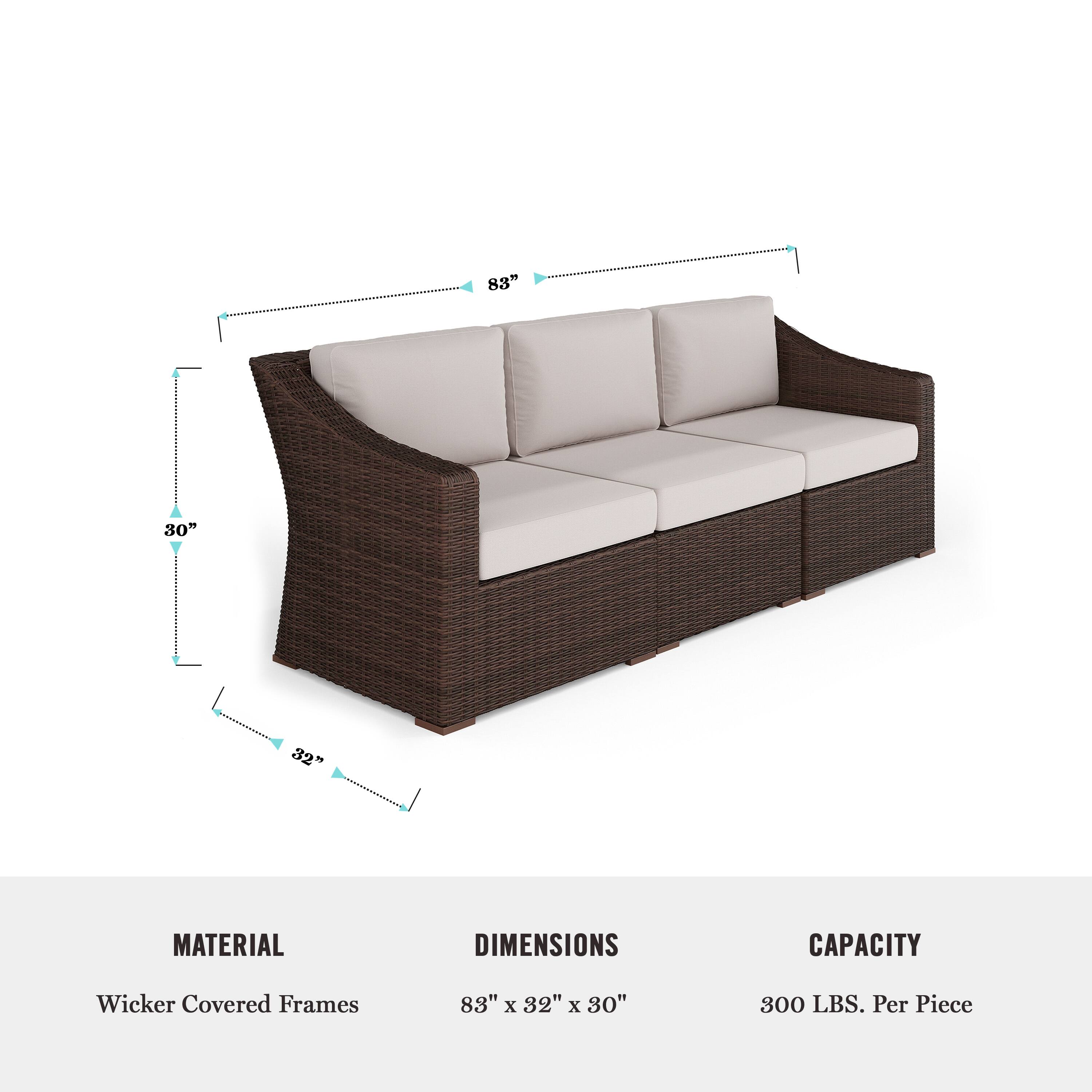 The text on the image reads: "Material: Dimensions: Capacity: Wicker Covered Frames: 88" x 32" x 80" 800 LBS. Per Piece."