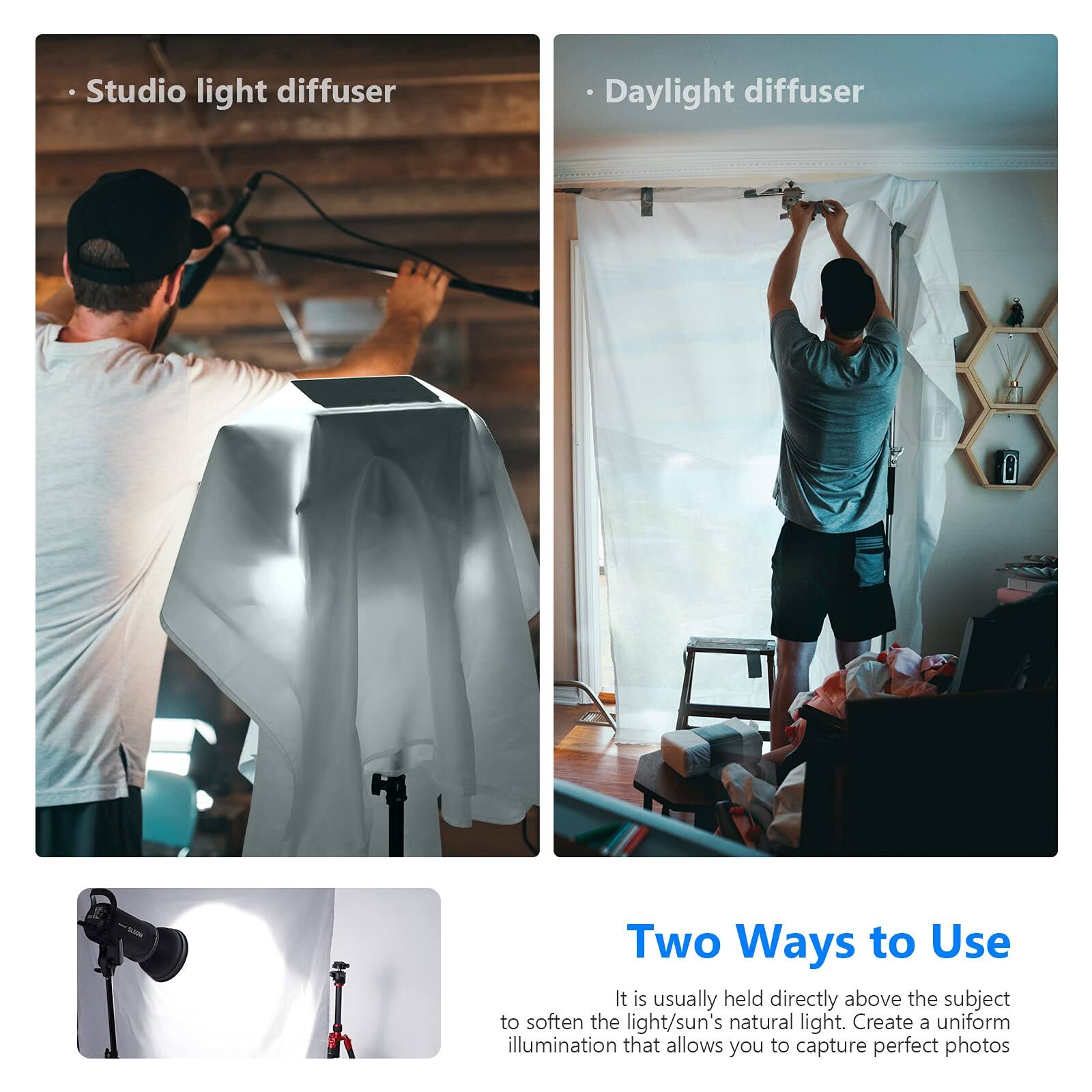 Studio light diffuser  
Daylight diffuser  

Two Ways to Use  
It is usually held directly above the subject to soften the light/sun's natural light. Create a uniform illumination that allows you to capture perfect photos