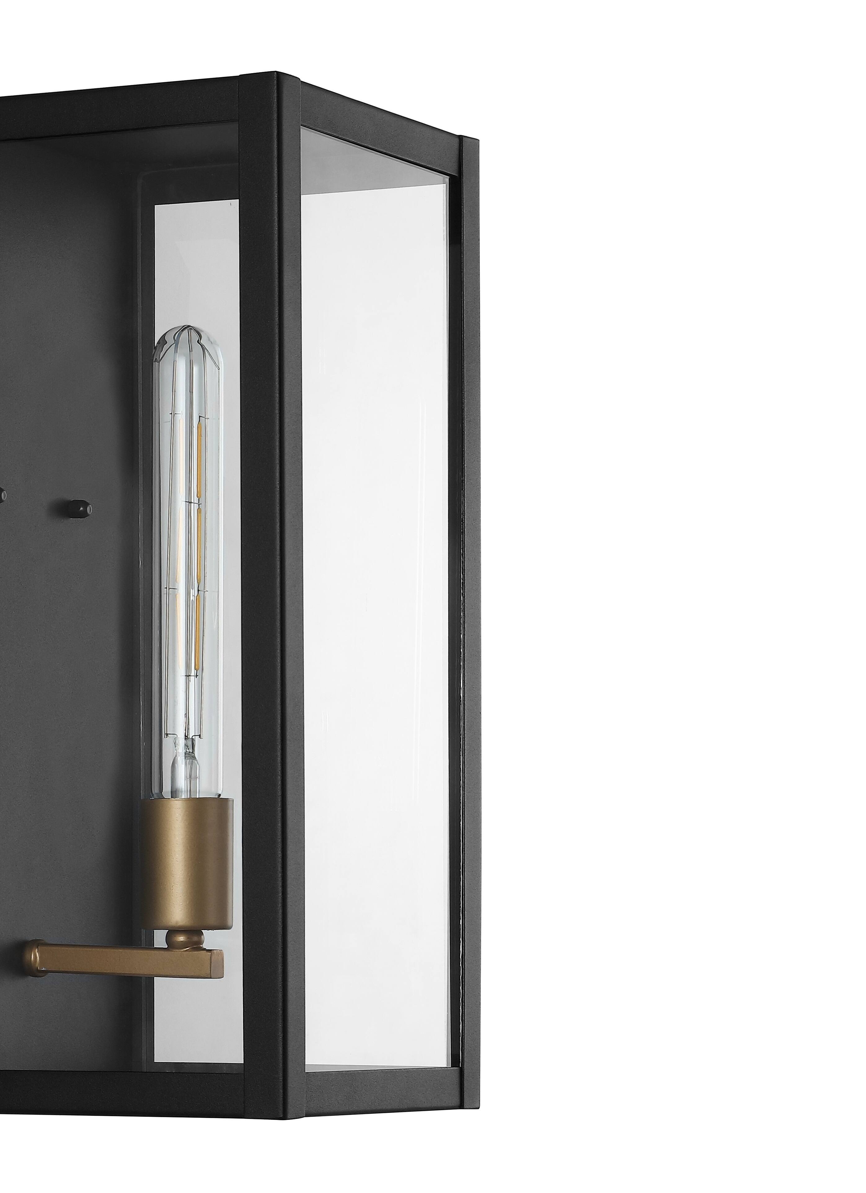 Alt View 4. Jonathan Y - Berlin 16" Modern Industrial Indoor/Outdoor Rectangular Iron/Glass LED Outdoor Lantern, Black/Gold Painting - Black/Gold Painting.