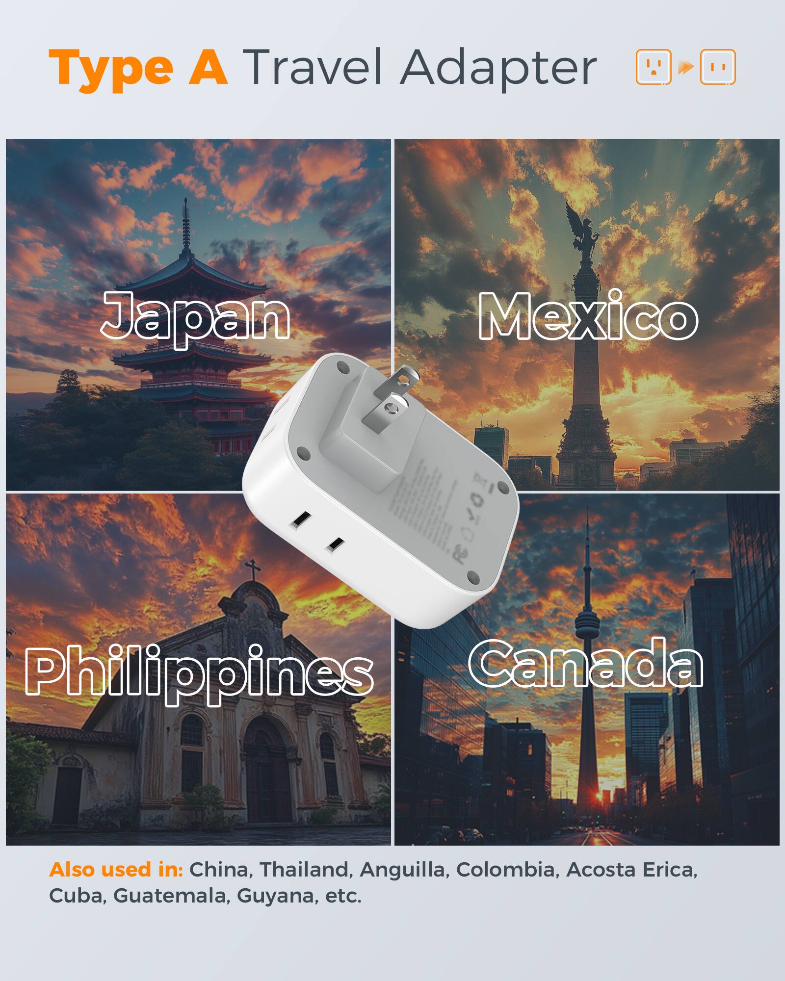 Type A Travel Adapter Japan Mexico 2020 Philippines Canada Also used in: China, Thailand, Anguilla, Colombia, Acosta Erica, Cuba, Guatemala, Guyana, etc.
