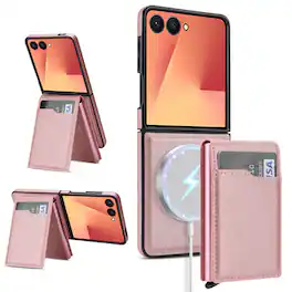 Dteck - Magnetic Wallet Case for Samsung Galaxy Z Flip7,Mag Safe Shockproof Phone Cover with Detachable Pop-Up Card Holder - Pink