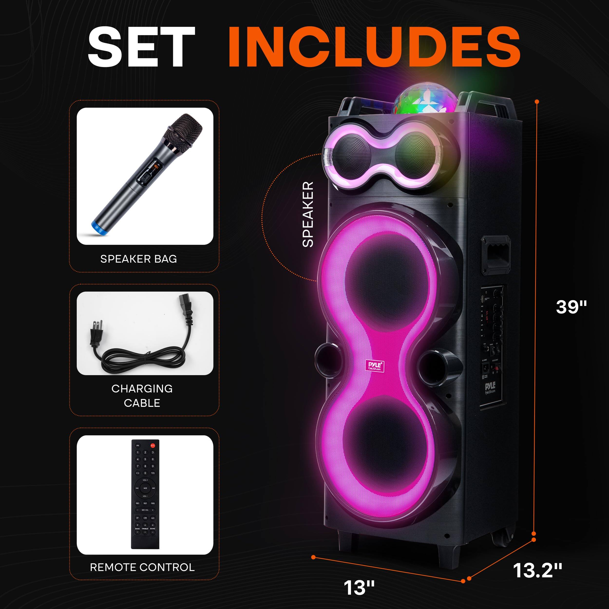 SET INCLUDES

- SPEAKER BAG
- CHARGING CABLE
- REMOTE CONTROL

SPEAKER
- 39"
- 13.2"
- 13"