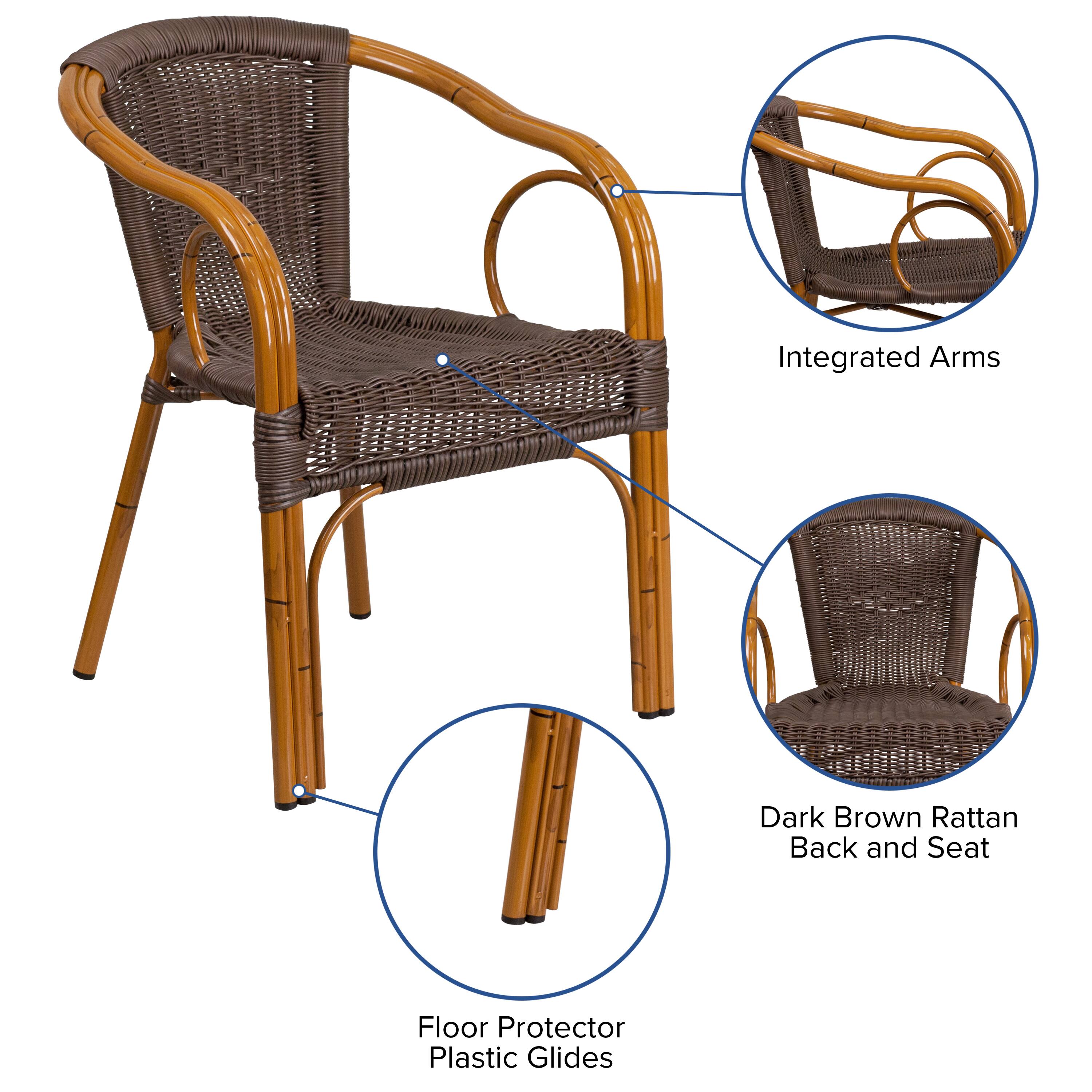 Integrated Arms, Dark Brown Rattan Back and Seat, Floor Protector Plastic Glides