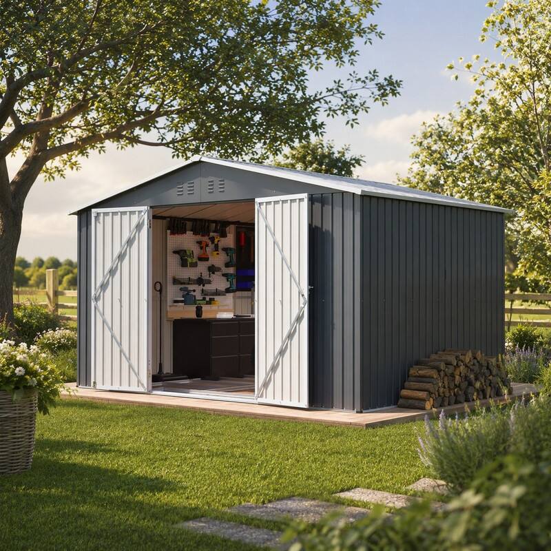 Left. RYHNUYNE - 11x13 ft Metal Shed 140.5 sq ft Galvanized Steel Lockable Door 4 Vents Weatherproof - Gray.