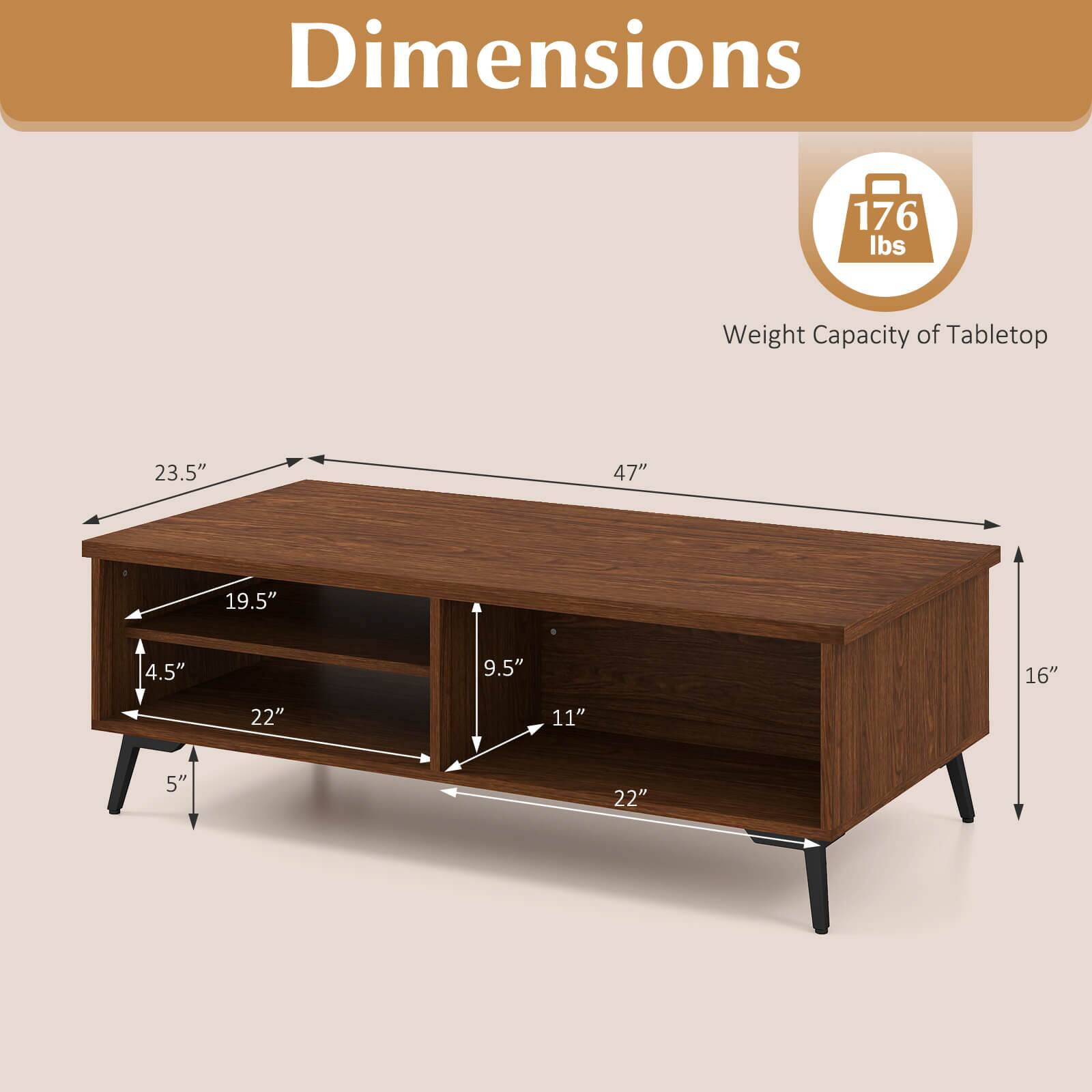 Dimensions:
- Weight Capacity of Tabletop: 176 lbs
- Length: 47"
- Width: 23.5"
- Height: 16"
- Shelf Dimensions: 22" x 11"
- Drawer Dimensions: 19.5" x 4.5"
- Drawer Depth: 9.5"
- Leg Height: 5"