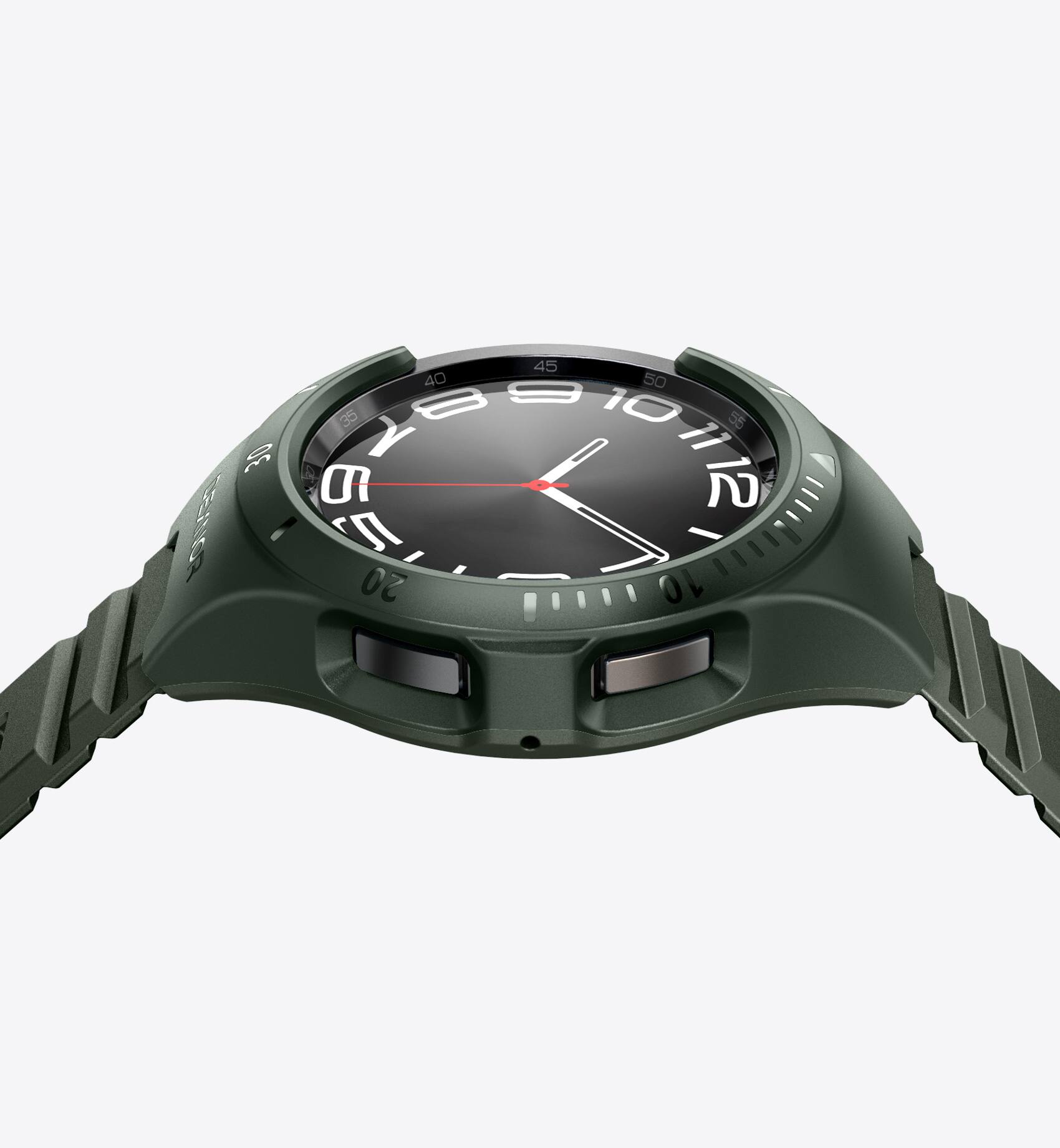 Left. Dexnor - Band for Samsung Galaxy Watch 6 Classic 43mm, Raised Bezel & Snap-on Rugged Shockproof Case - Army Green.