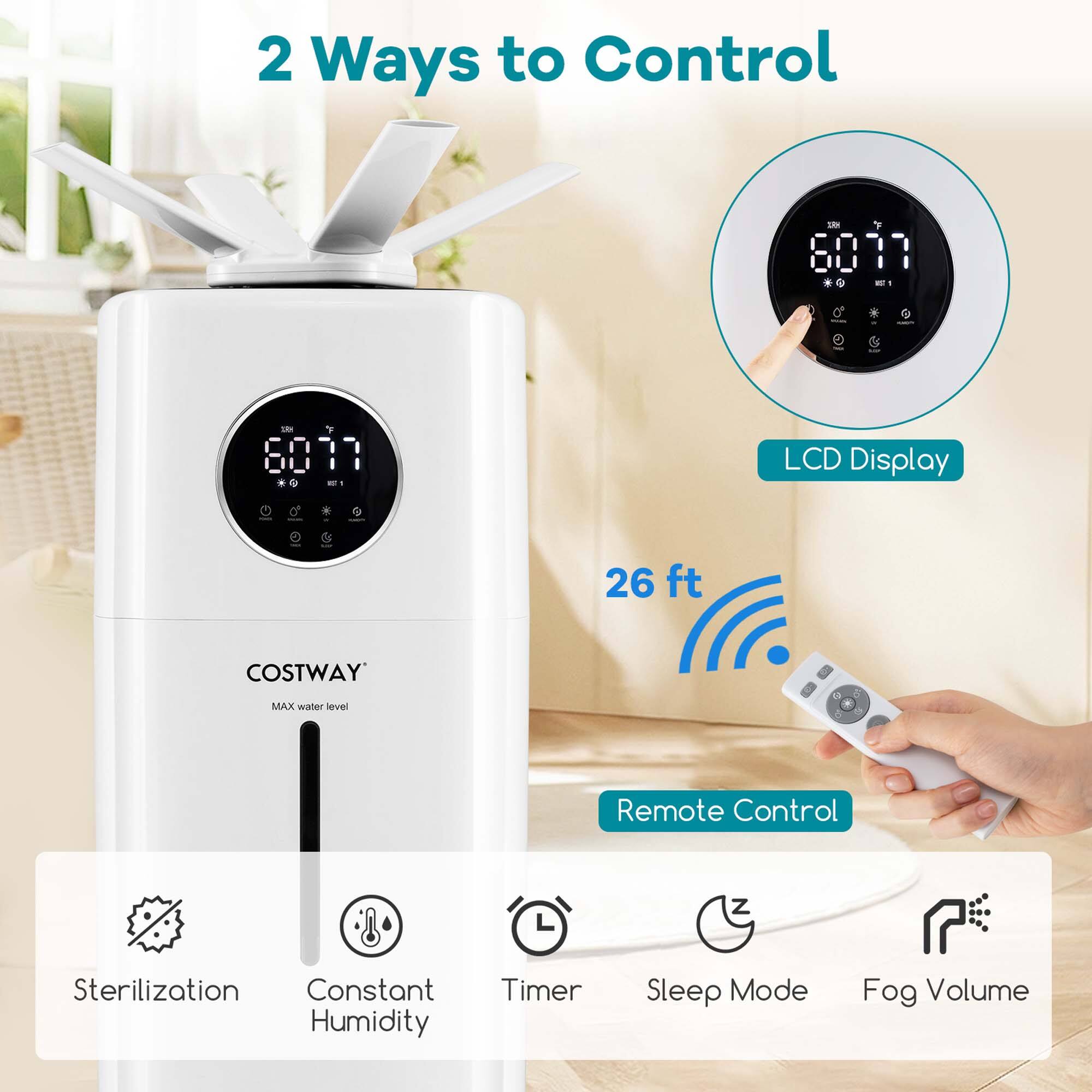 2 Ways to Control - 6077 - - V Lt Y 6071 . & - LCD Display - 26 ft COSTWAY MAX water level & Remote Control - Sterilization - Constant Humidity - Timer - Sleep Mode - Fog Volume