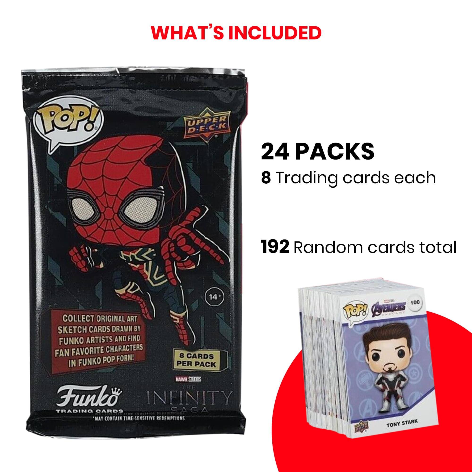 **WHAT'S INCLUDED**

- **24 PACKS**
  - 8 Trading cards each
  - 192 Random cards total

- **COLLECT ORIGINAL ART SKETCH CARDS DRAWN BY FUNKO ARTISTS AND FIND FAN FAVORITE CHARACTERS IN FUNKO POP! FORM!**

- **Funko INFINITY TRADING CARDS**
  - "MAY CONTAIN TIME-SENSITIVE REDEMPTIONS"

- **TONY STARK**