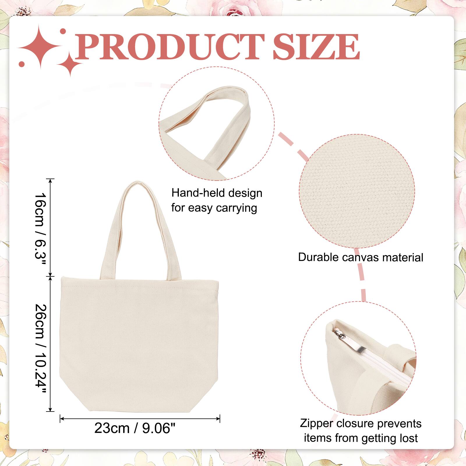 PRODUCT SIZE

16cm / 6.3"  
Hand-held design for easy carrying

26cm / 10.24"  
23cm / 9.06"  
Durable canvas material

Zipper closure prevents items from getting lost