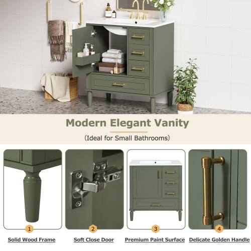 Modern Elegant Vanity (Ideal for Small Bathrooms)  
1. Solid Wood Frame  
2. Soft Close Door  
3. Premium Paint Surface  
4. Delicate Golden Handle