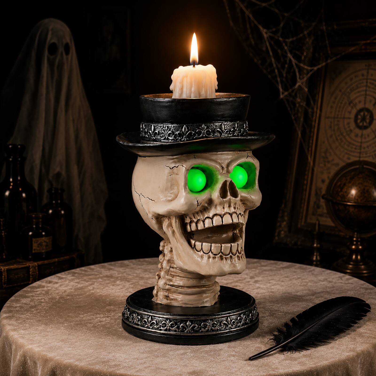 Back. Anysun - Skull Candle Holder with Glowing Green Eyes – Gothic Skeleton Statue with Black Top Hat, Spooky Halloween Tabletop Decor - Black White.