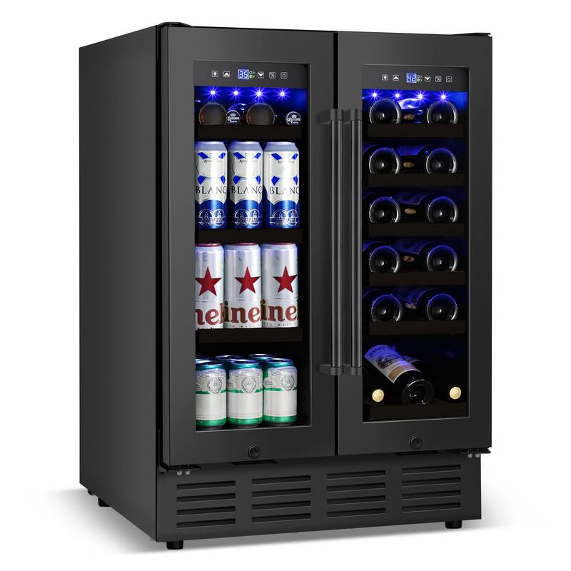 HOOURE- 23.5 in. Dual Zone 18-Wine Bottles and 68-Cans Beverage and Wine Cooler with Safety Locks and Keys- Black