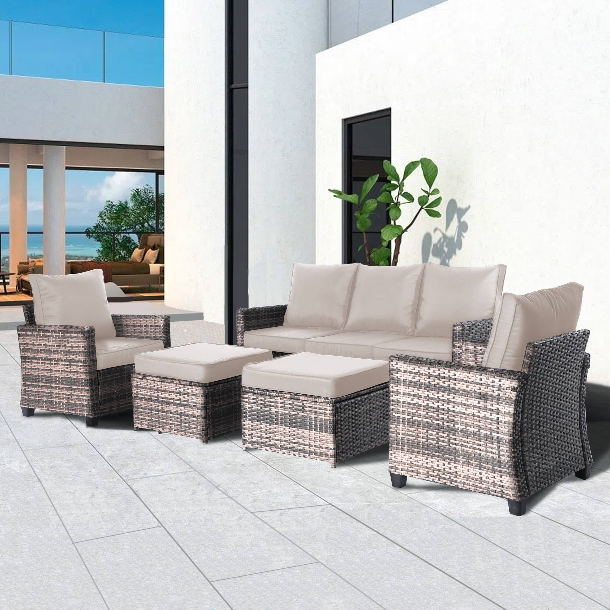 Angle. Decksplore - 5-Piece Outdoor Wicker Patio Conversation Set with 2 Ottomans and Beige Cushions - Off-white.