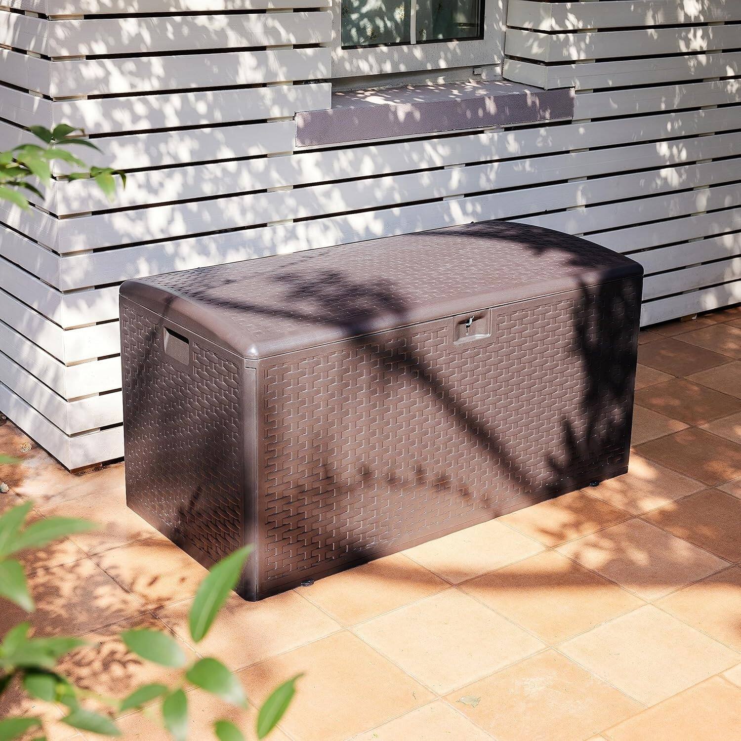 Left. Yardgrace - 99-Gallon Lockable Outdoor Storage Box,  Chest for Patio Cushions, Garden Tools and Pool Accessories - Brown.