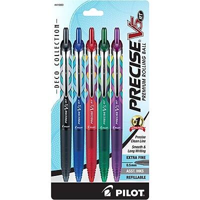 Pilot - Precise V5 RT Deco Collection Retractable Rollerball Pens, Extra Fine Point, Assorted Ink, 5/Pack (41980)