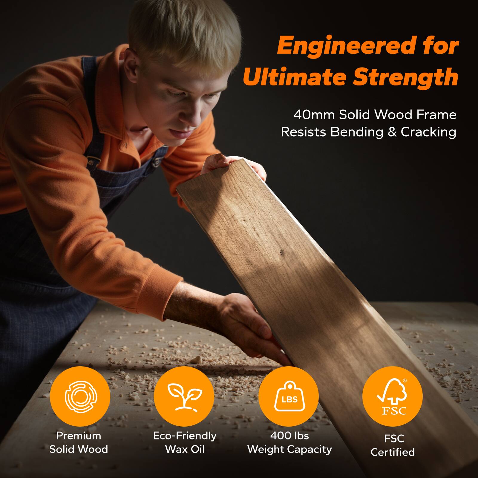 Engineered for Ultimate Strength

40mm Solid Wood Frame Resists Bending & Cracking

Premium Solid Wood
Eco-Friendly Wax Oil
400 lbs Weight Capacity
FSC Certified