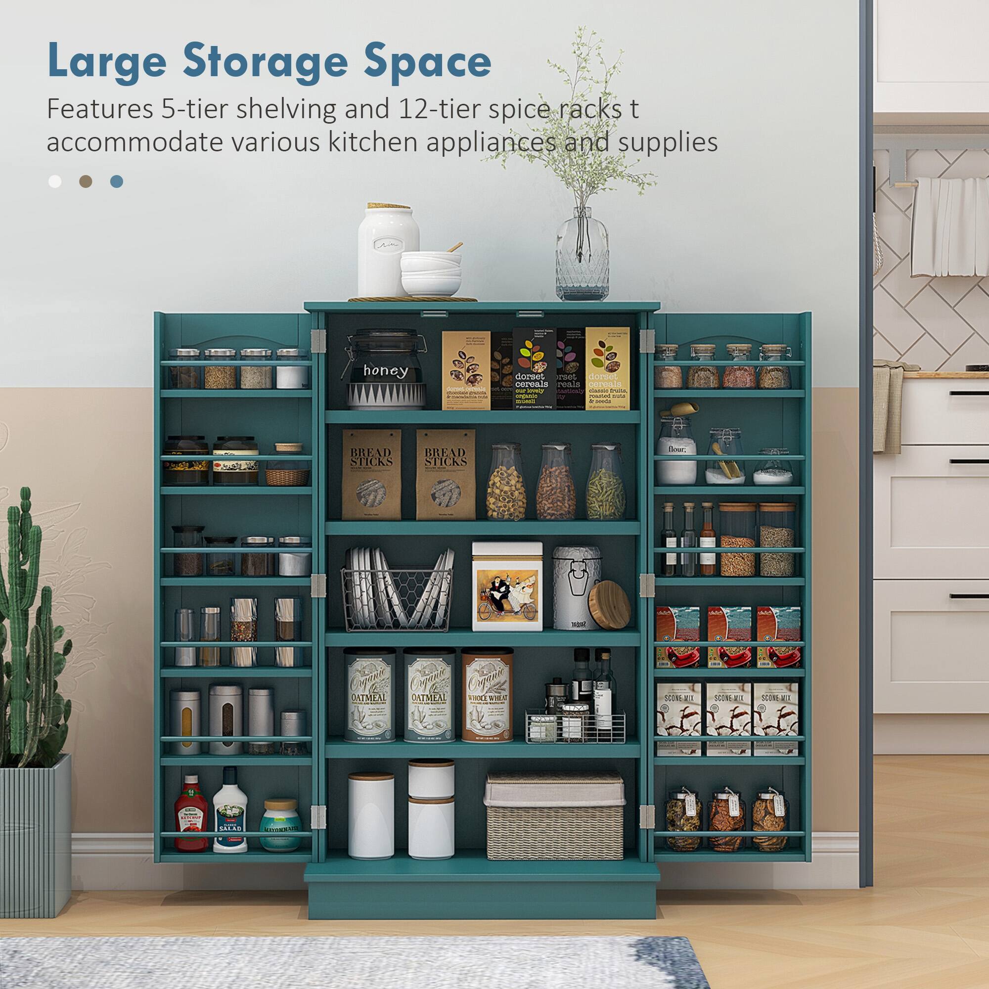 Large Storage Space  
Features 5-tier shelving and 12-tier spice racks to accommodate various kitchen appliances and supplies