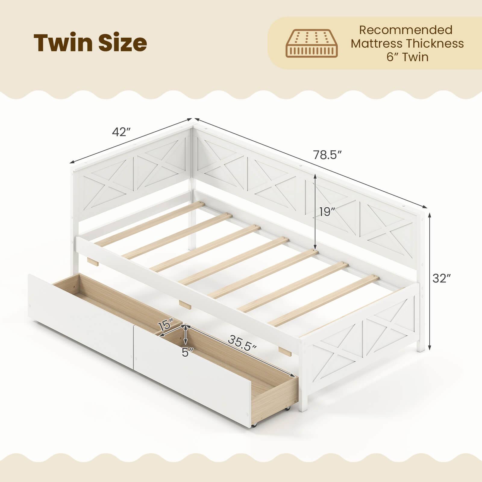 Twin Size Recommended Mattress Thickness 6" Twin 42" 78.5" 19" 32" 15" 5" 35.5"